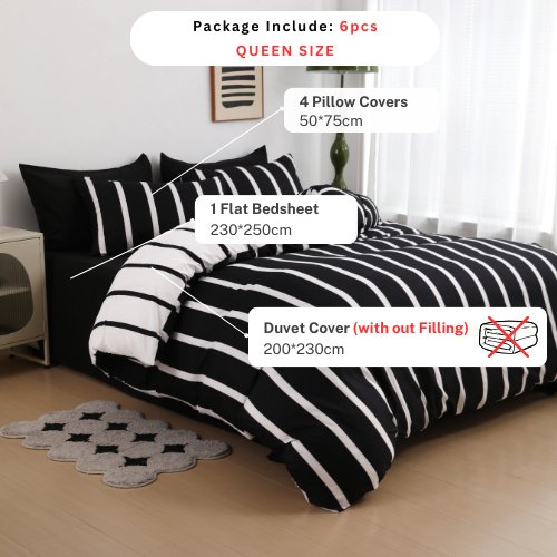 Queen size 6 pieces,Reversible Bedding Set, black and white stripe design with black bedsheet - BusDeals