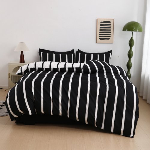 Queen size 6 pieces,Reversible Bedding Set, black and white stripe design with black bedsheet - BusDeals