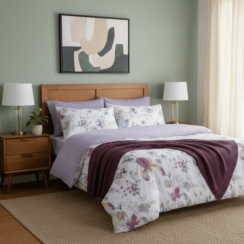 Queen size bedding set featuring a beautiful floral design in purple and pink, consisting of six pieces. - BusDeals