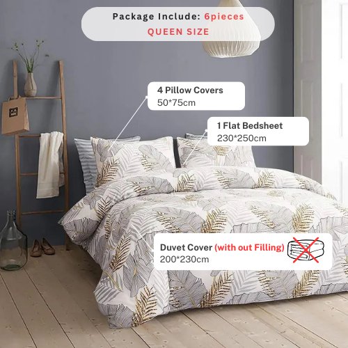 Queen/Double size 6 pieces, bedding set Leaves Design. - BusDeals