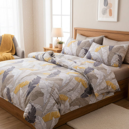 Queen/Double size 6 pieces Bedding Set without filler, Beautiful Leaves Design - BusDeals