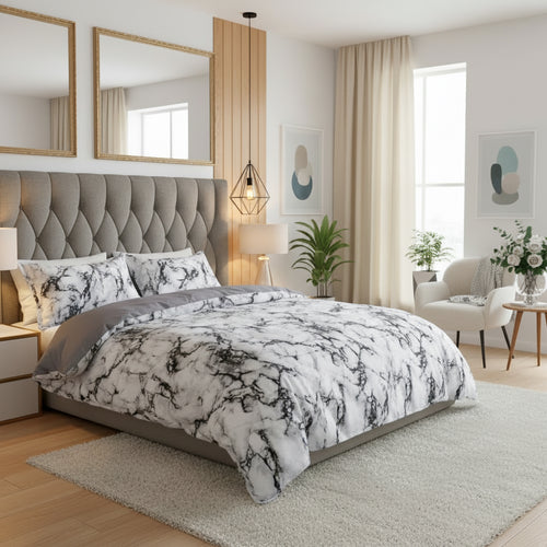 Queen/Double size 6 pieces Bedding Set without filler, Marble Design Grey Color - BusDeals