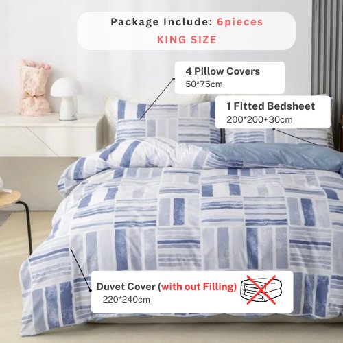 Queen/Double Size 6 Pieces Bedding Set without filler, Reversible Blue Geometric Design - BusDeals