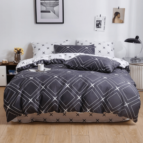 Queen/Double Size 6 Pieces set, Reversible Duvet cover set Geometric Design Dark Truffle with White. - BusDeals