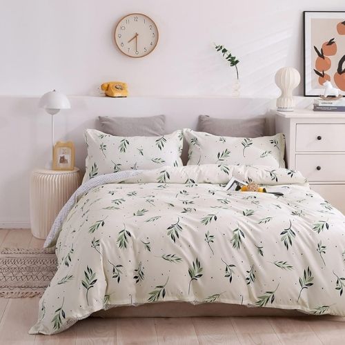 Queen/Double Size 6 Pieces Without filler, Reversible Duvet cover Set With Small Green Leaves design - BusDeals