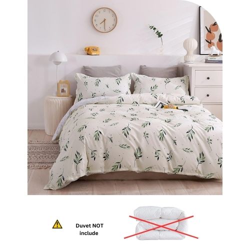 Queen/Double Size 6 Pieces Without filler, Reversible Duvet cover Set With Small Green Leaves design - BusDeals