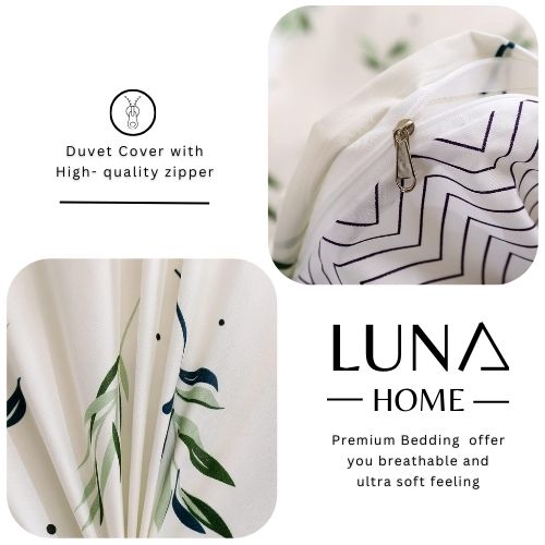 Queen/Double Size 6 Pieces Without filler, Reversible Duvet cover Set With Small Green Leaves design - BusDeals