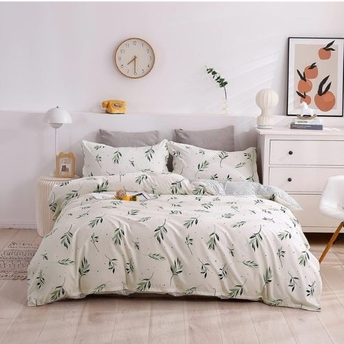 Queen/Double Size 6 Pieces Without filler, Reversible Duvet cover Set With Small Green Leaves design - BusDeals