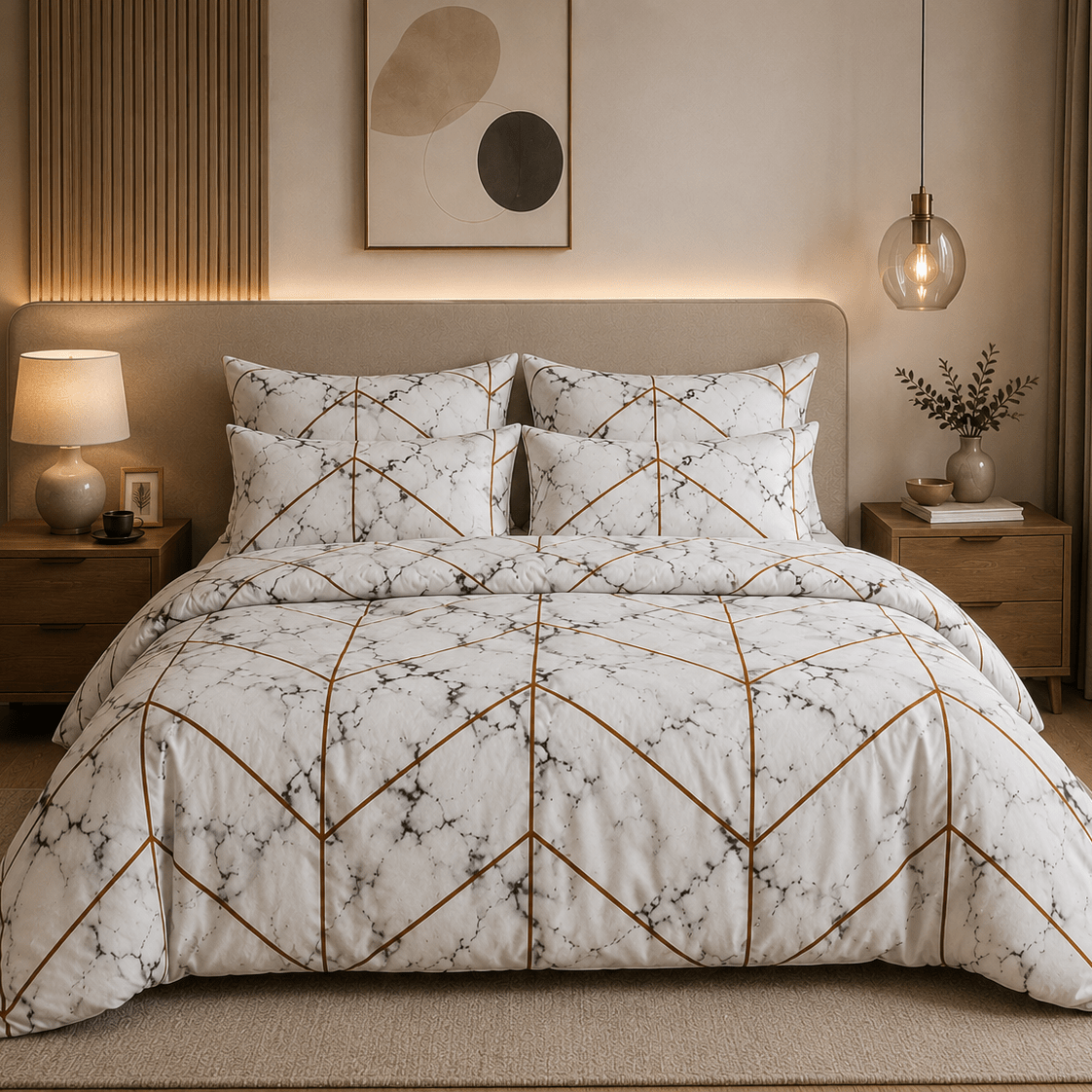 Queen/Double size bedding set of 6 pieces, marble design. - BusDeals