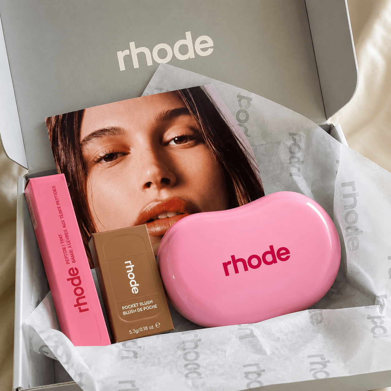 Rhode Jellybean Birthday Duo! Blush Raspberry -Teacup, Peptide Lip Gloss Jelly Bean and cosmetic bag - BusDeals