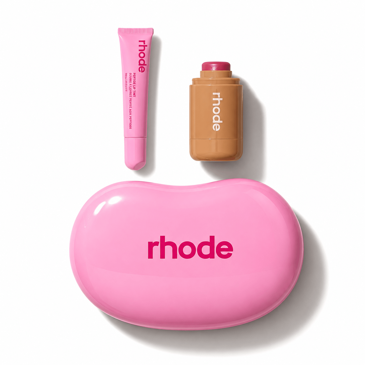 Rhode Jellybean Birthday Duo! Blush Raspberry -Teacup, Peptide Lip Gloss Jelly Bean and cosmetic bag - BusDeals