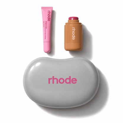 Rhode Jellybean Birthday Duo! Blush Raspberry -Teacup, Peptide Lip Gloss Jelly Bean and cosmetic bag Grey - BusDeals