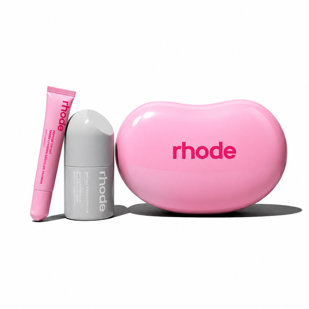 Rhode Jellybean Birthday Duo! Glazing Fluid, Peptide Lip Gloss Jelly Bean and cosmetic bag pink color. - BusDeals