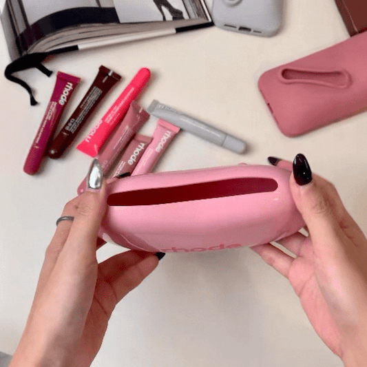 Rhode Jellybean Birthday Duo! Glazing Fluid, Peptide Lip Gloss Jelly Bean and cosmetic bag pink color. - BusDeals
