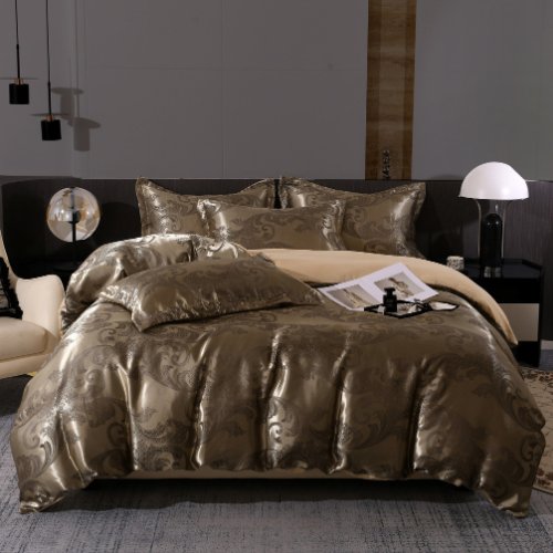 Satin Jacquard King size 6 piece duvet cover set, brown bohemia style bedding set. - BusDeals