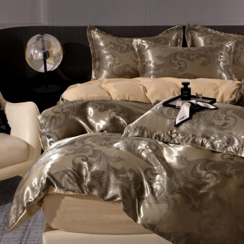 Satin Jacquard King size 6 piece duvet cover set, brown bohemia style bedding set. - BusDeals