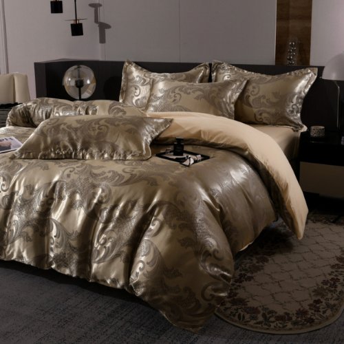 Satin Jacquard King size 6 piece duvet cover set, brown bohemia style bedding set. - BusDeals