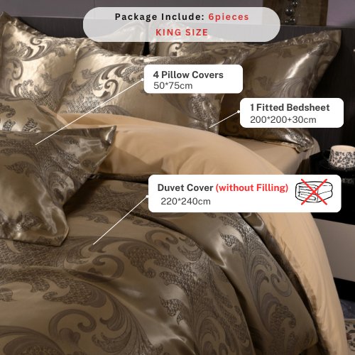 Satin Jacquard King size 6 piece duvet cover set, brown bohemia style bedding set. - BusDeals