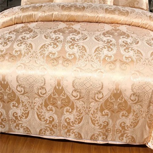 Satin Jacquard King size 6 piece duvet cover set, golden bohemia style bedding set. - BusDeals