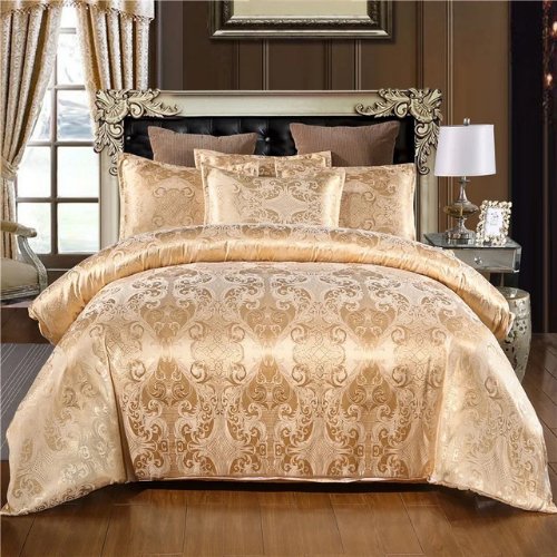 Satin Jacquard King size 6 piece duvet cover set, golden bohemia style bedding set. - BusDeals