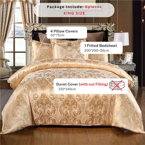 Satin Jacquard King size 6 piece duvet cover set, golden bohemia style bedding set. - BusDeals