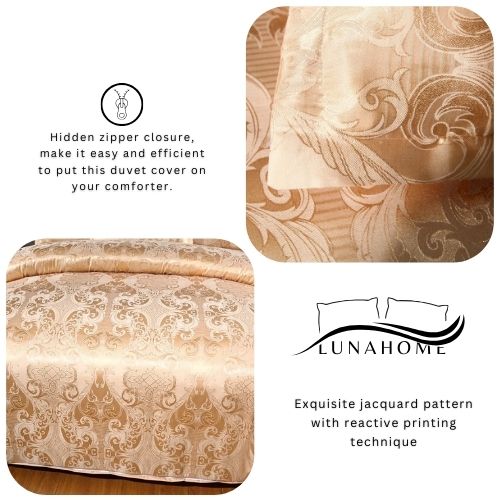 Satin Jacquard King size 6 piece duvet cover set, golden bohemia style bedding set. - BusDeals