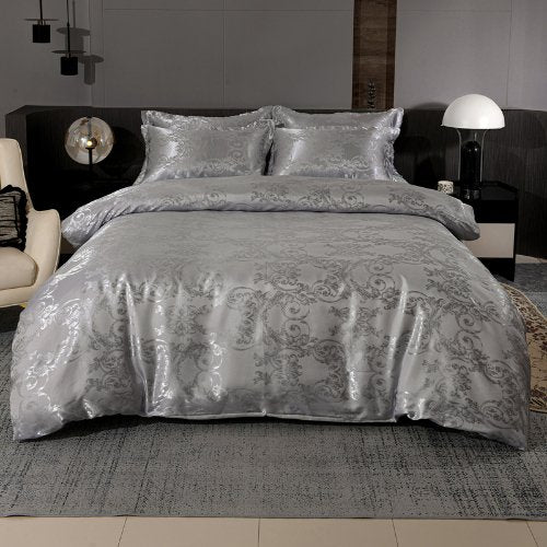 Satin Jacquard King size 6 piece duvet cover set, grey bohemia style bedding set. - BusDeals