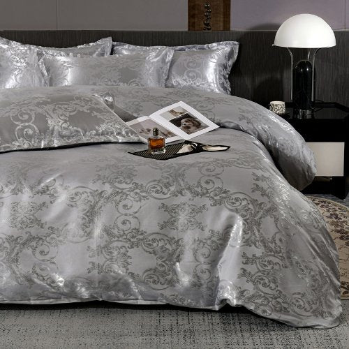 Satin Jacquard King size 6 piece duvet cover set, grey bohemia style bedding set. - BusDeals