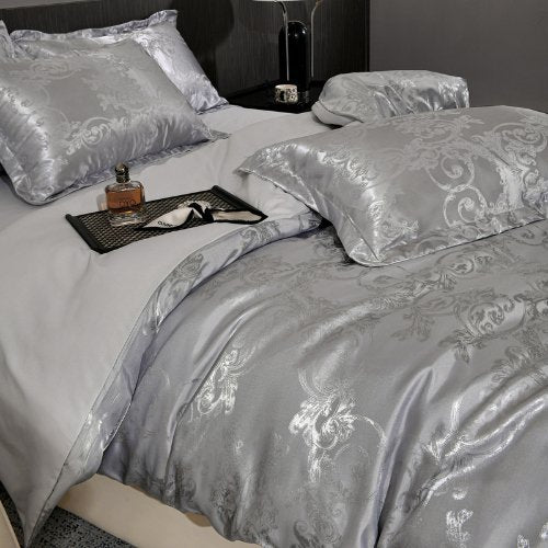 Satin Jacquard King size 6 piece duvet cover set, grey bohemia style bedding set. - BusDeals