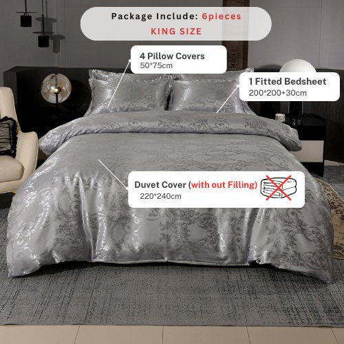 Satin Jacquard King size 6 piece duvet cover set, grey bohemia style bedding set. - BusDeals