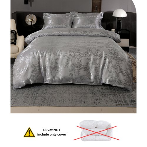 Satin Jacquard King size 6 piece duvet cover set, grey bohemia style bedding set. - BusDeals