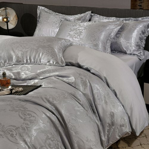 Satin Jacquard King size 6 piece duvet cover set, grey bohemia style bedding set. - BusDeals