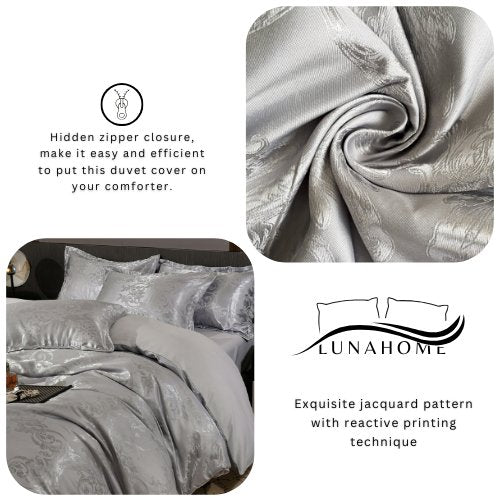 Satin Jacquard King size 6 piece duvet cover set, grey bohemia style bedding set. - BusDeals