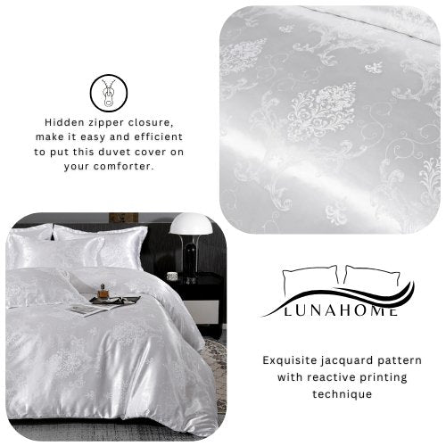 Satin Jacquard King size 6 piece duvet cover set, white bohemia style bedding set. - BusDeals