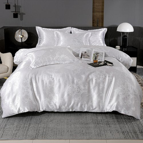 Satin Jacquard King size 6 piece duvet cover set, white bohemia style bedding set. - BusDeals