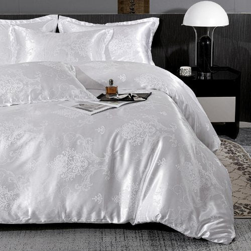 Satin Jacquard King size 6 piece duvet cover set, white bohemia style bedding set. - BusDeals