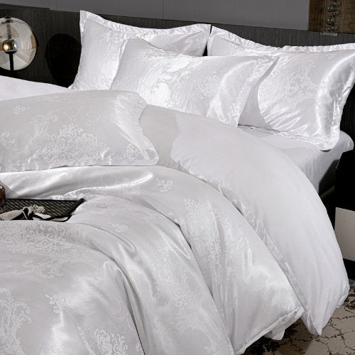 Satin Jacquard King size 6 piece duvet cover set, white bohemia style bedding set. - BusDeals