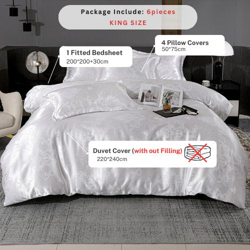 Satin Jacquard King size 6 piece duvet cover set, white bohemia style bedding set. - BusDeals