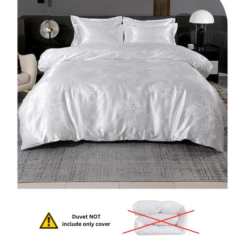 Satin Jacquard King size 6 piece duvet cover set, white bohemia style bedding set. - BusDeals