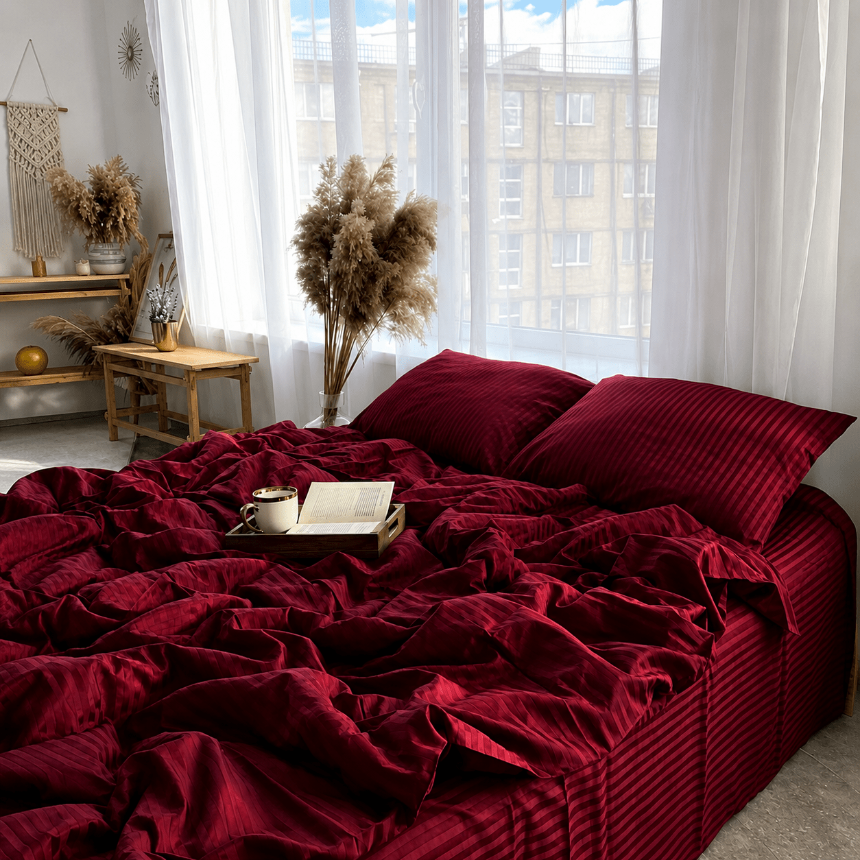 Satin Stripped King Size 6 Pieces Bedding Set, Solid Berry Red. - BusDeals