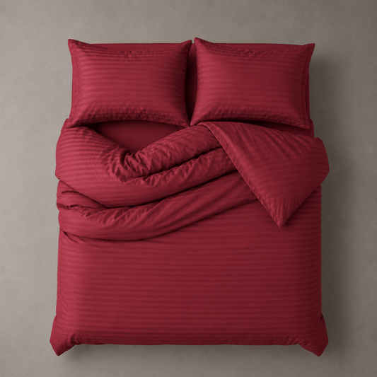 Satin Stripped King Size 6 Pieces Bedding Set, Solid Berry Red. - BusDeals