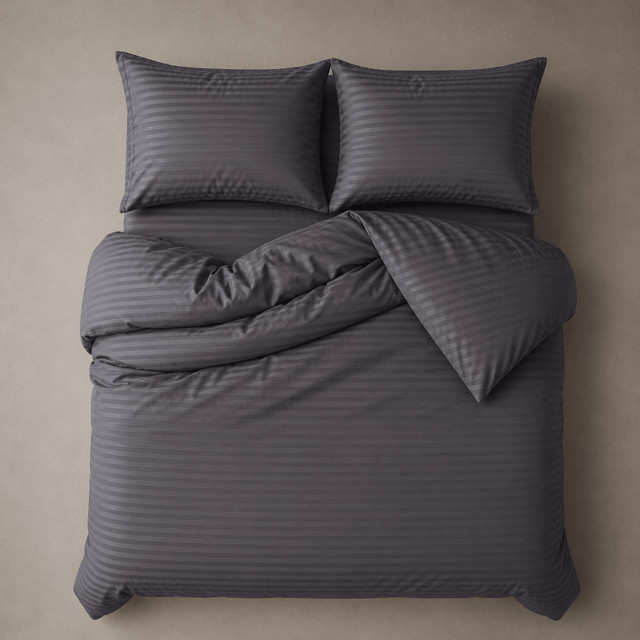 Satin Stripped King Size 6 Pieces Bedding Set, Solid Dark Gray Color. - BusDeals