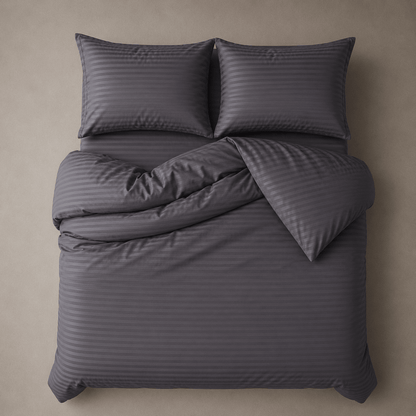 Satin Stripped King Size 6 Pieces Bedding Set, Solid Dark Gray Color. - BusDeals