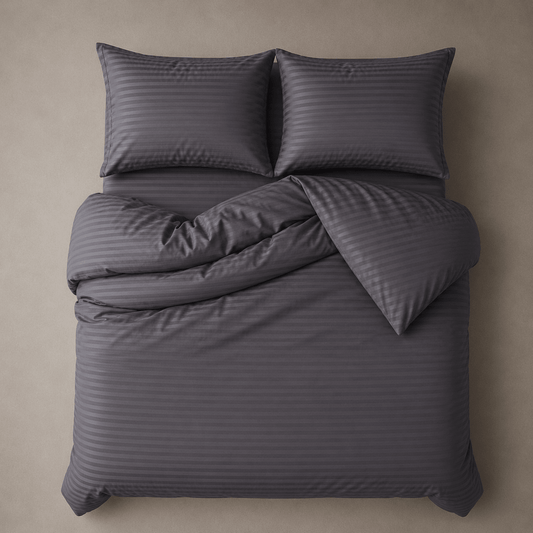Satin Stripped King Size 6 Pieces Bedding Set, Solid Dark Gray Color. - BusDeals