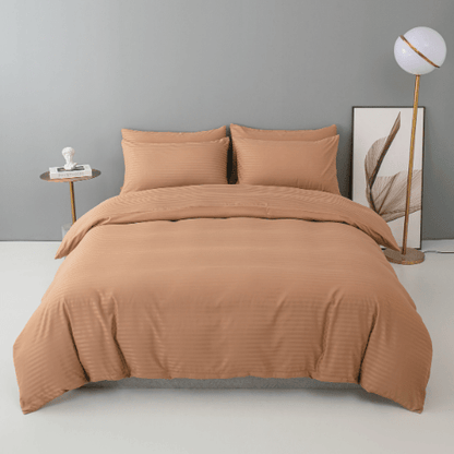 Satin Stripped King Size 6 Pieces Duvet Cover (without filling) Brown Tan. - BusDeals