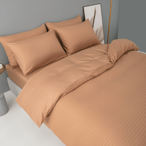 Satin Stripped King Size 6 Pieces Duvet Cover (without filling) Brown Tan. - BusDeals