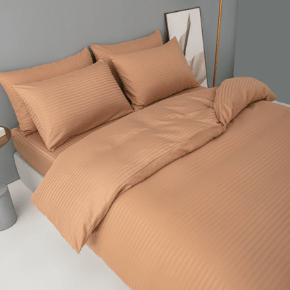Satin Stripped King Size 6 Pieces Duvet Cover (without filling) Brown Tan. - BusDeals