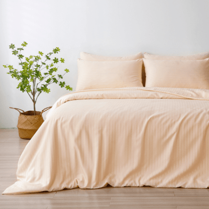 Satin Stripped King Size 6 Pieces Duvet Cover (without filling) Solid Cream. - BusDeals