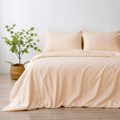 Satin Stripped King Size 6 Pieces Duvet Cover (without filling) Solid Cream. - BusDeals