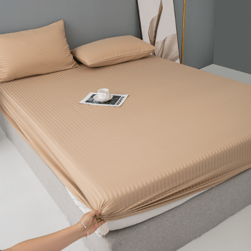 Satin Stripped King Size 6 Pieces Duvet Cover (without filling) Solid Golden Brown. - BusDeals